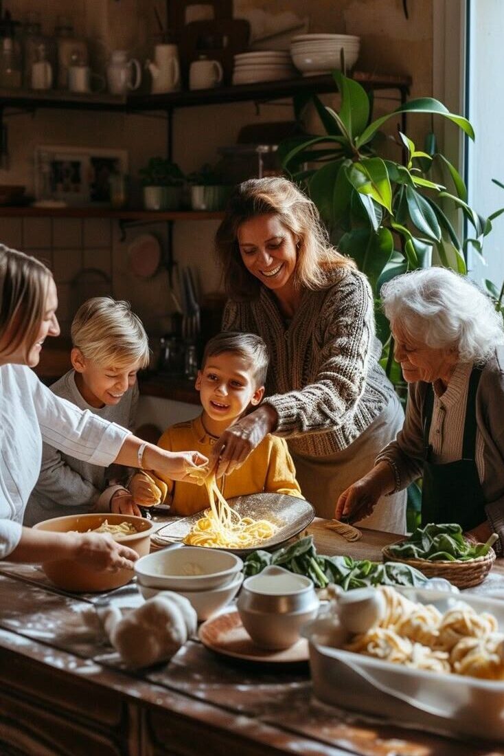 Família cozinhando juntos um prato italiano na cozinha.